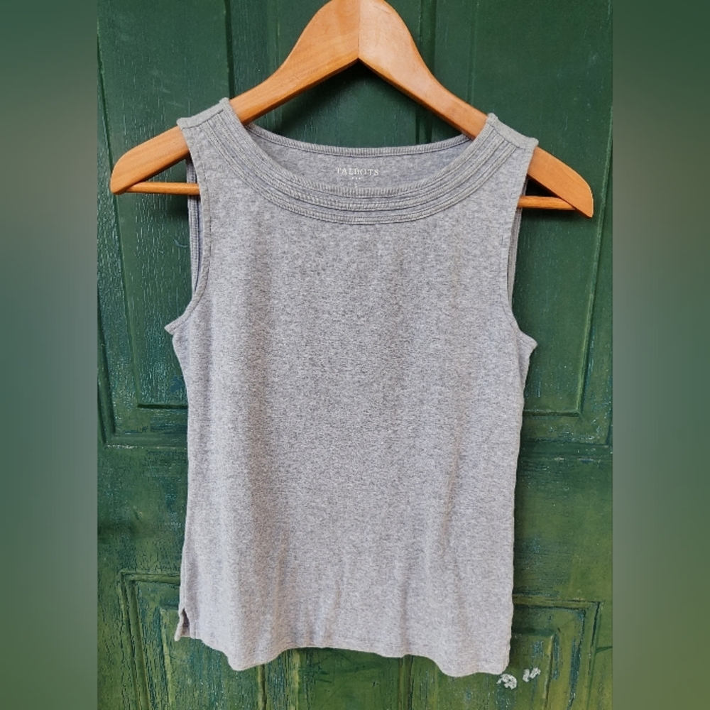 Talbots Cotton Classic Gray Sleeveless Top! Scoop Neck W/ Accent!